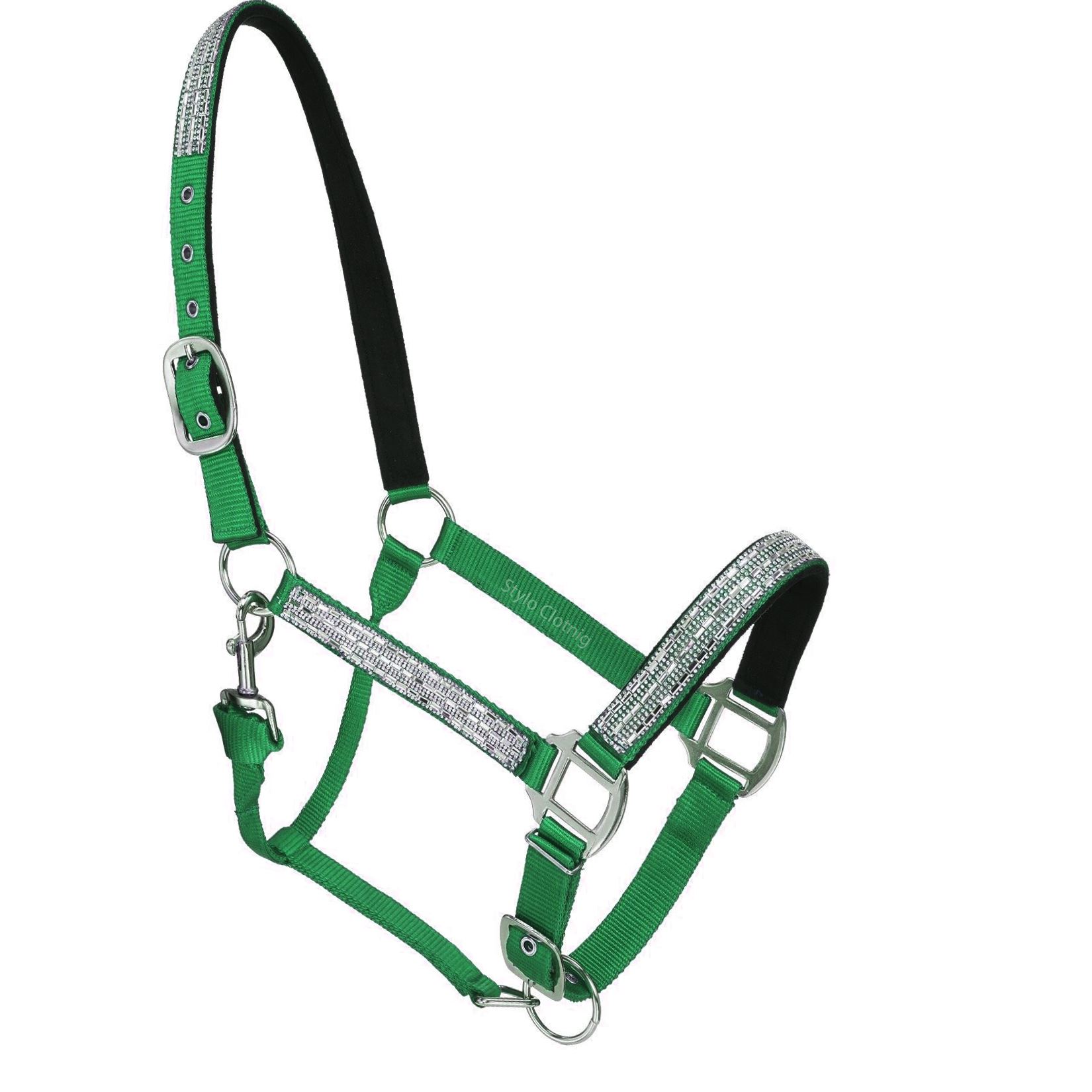 Elegant and durable horse show halter featuring sparkling crystals, tailored for professional equestrian competitions.