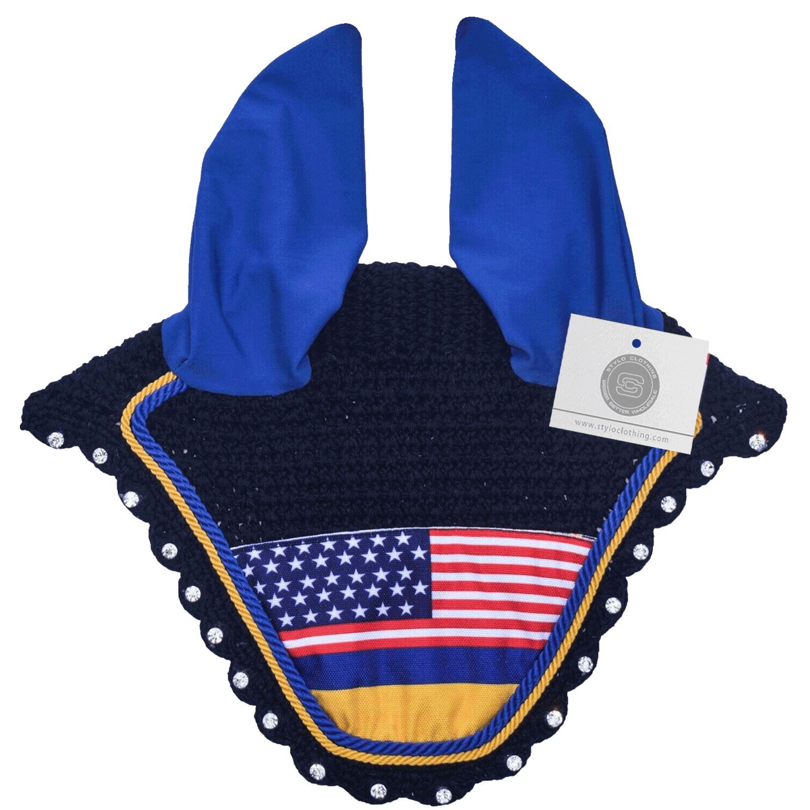 USA Flag Ear Bonnets | Dazzling Rhinestone Country Flag Ear Bonnets - 100+ Designs American flag ear bonnet adorned with rhinestones – stylish fly protection for horses