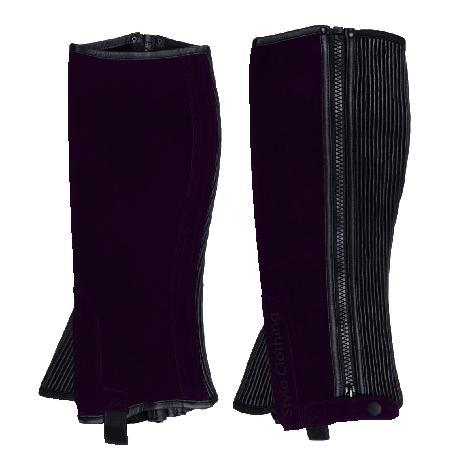 "Nubuck half chaps featuring faux leather accents, designed for riders seeking style and comfort, wholesale from Stylo Clothing"