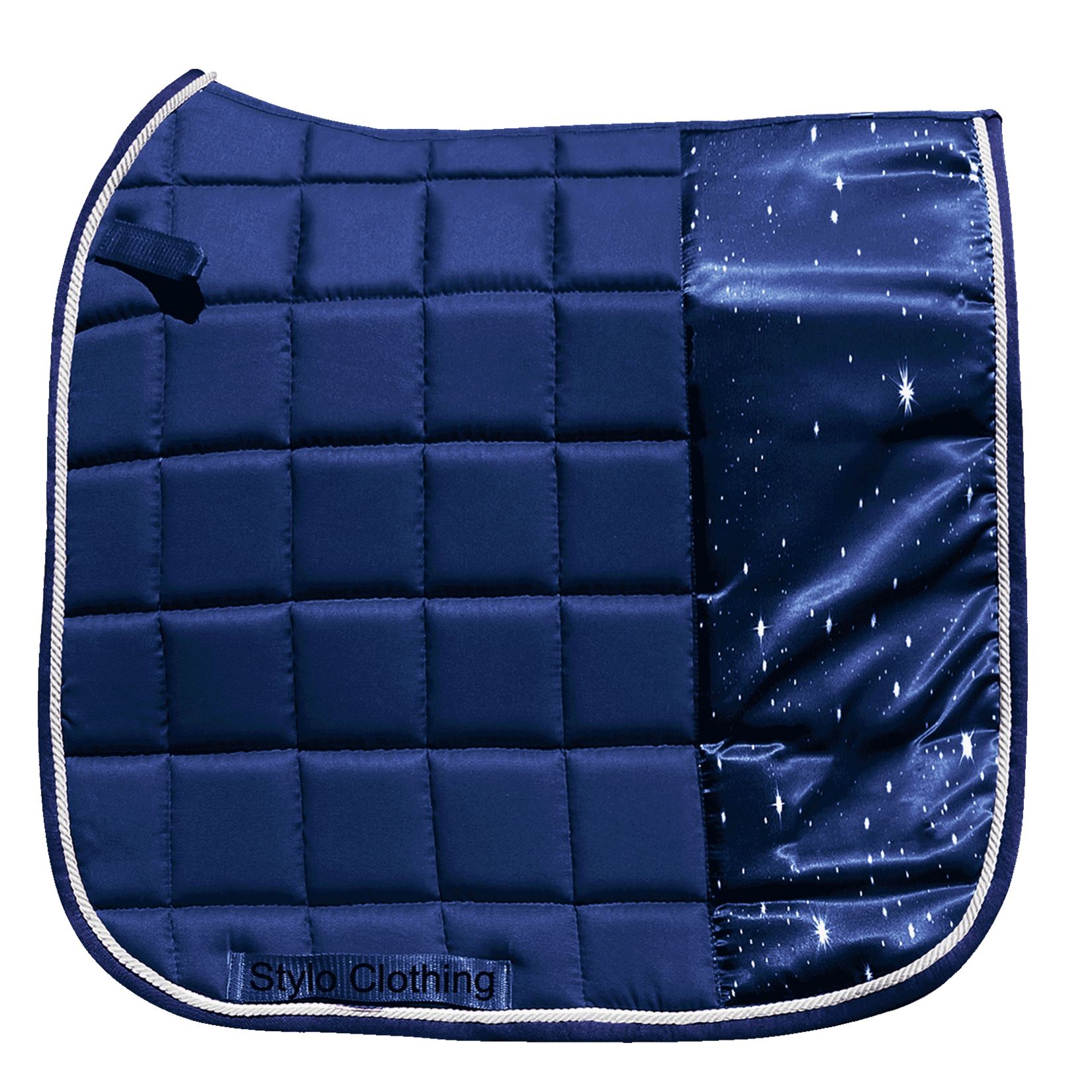Premium-Dressage-pad-Soft-padded-Comfortable-equestrian-riding-equipment "3D galaxy print matching saddle pads for dressage, eye-catching design for equestrian wear, available from Stylo Clothing"