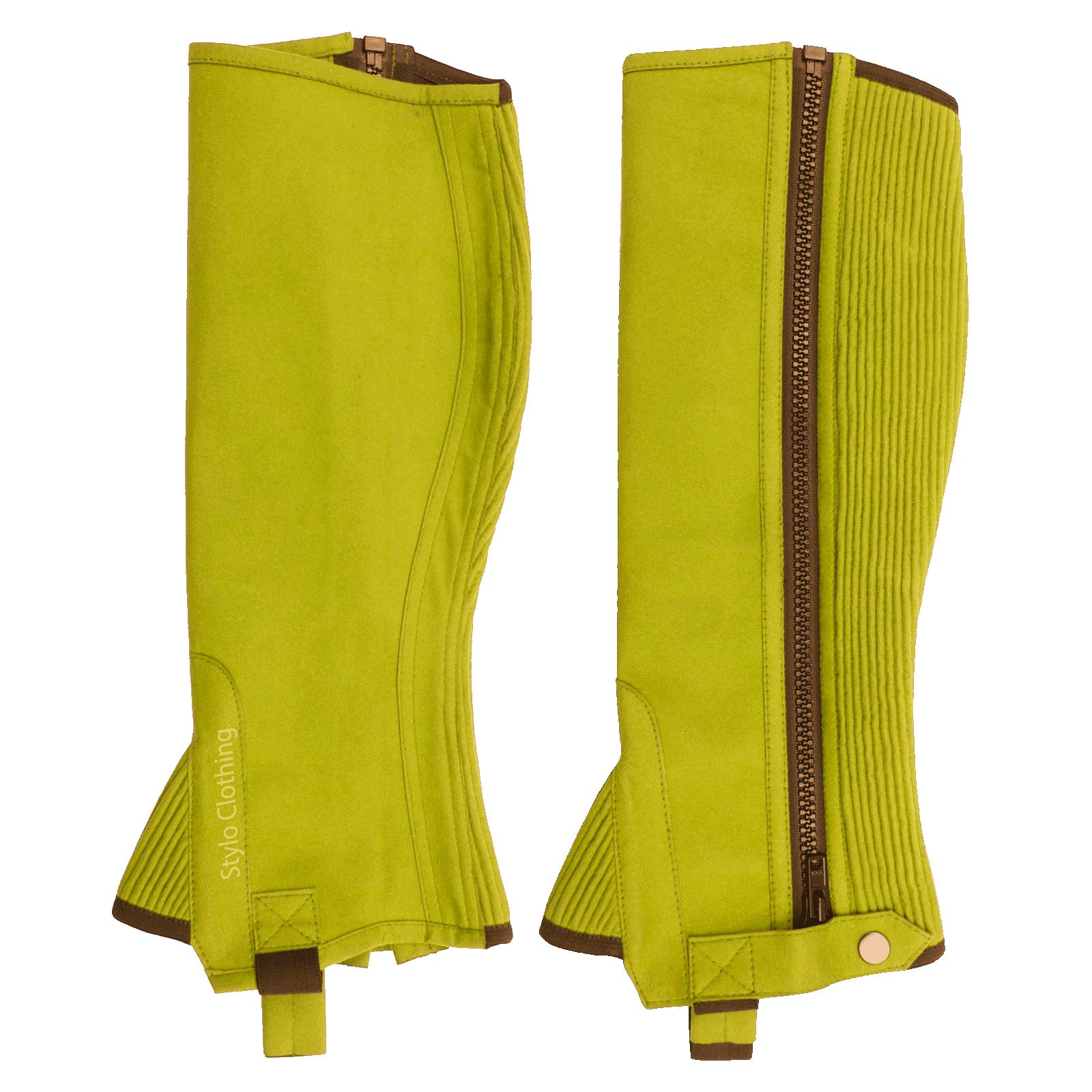 "Comfortable best fit half chap featuring zipper and non-slip button, designed for riders, by Stylo Clothing"