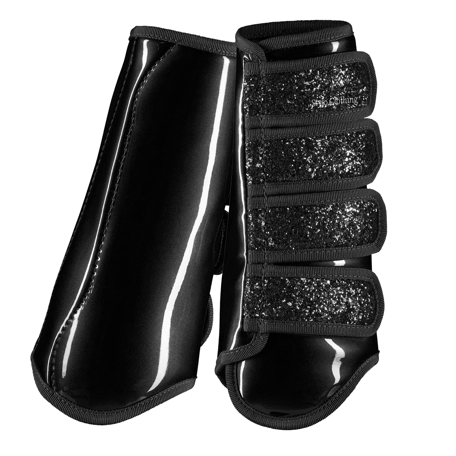Luxury Glittery Brushing Boots with sparkling details and custom-made fit for horse leg protection during rides.