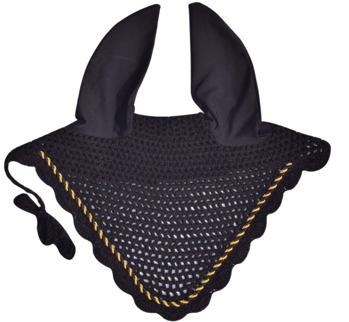Custom-made ear bonnets for horses, featuring a string single cord design for optimal fly protection