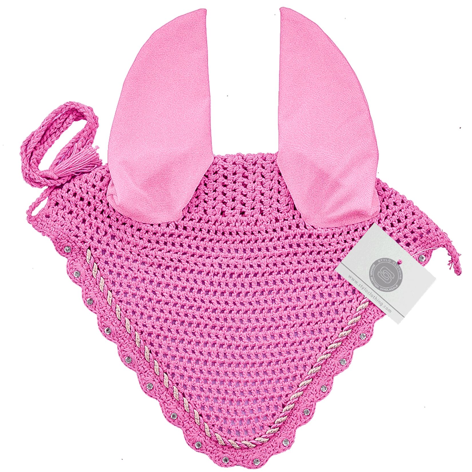 Custom-made horse fly veil ear bonnet with sparkling rhinestones, designed for equestrian use