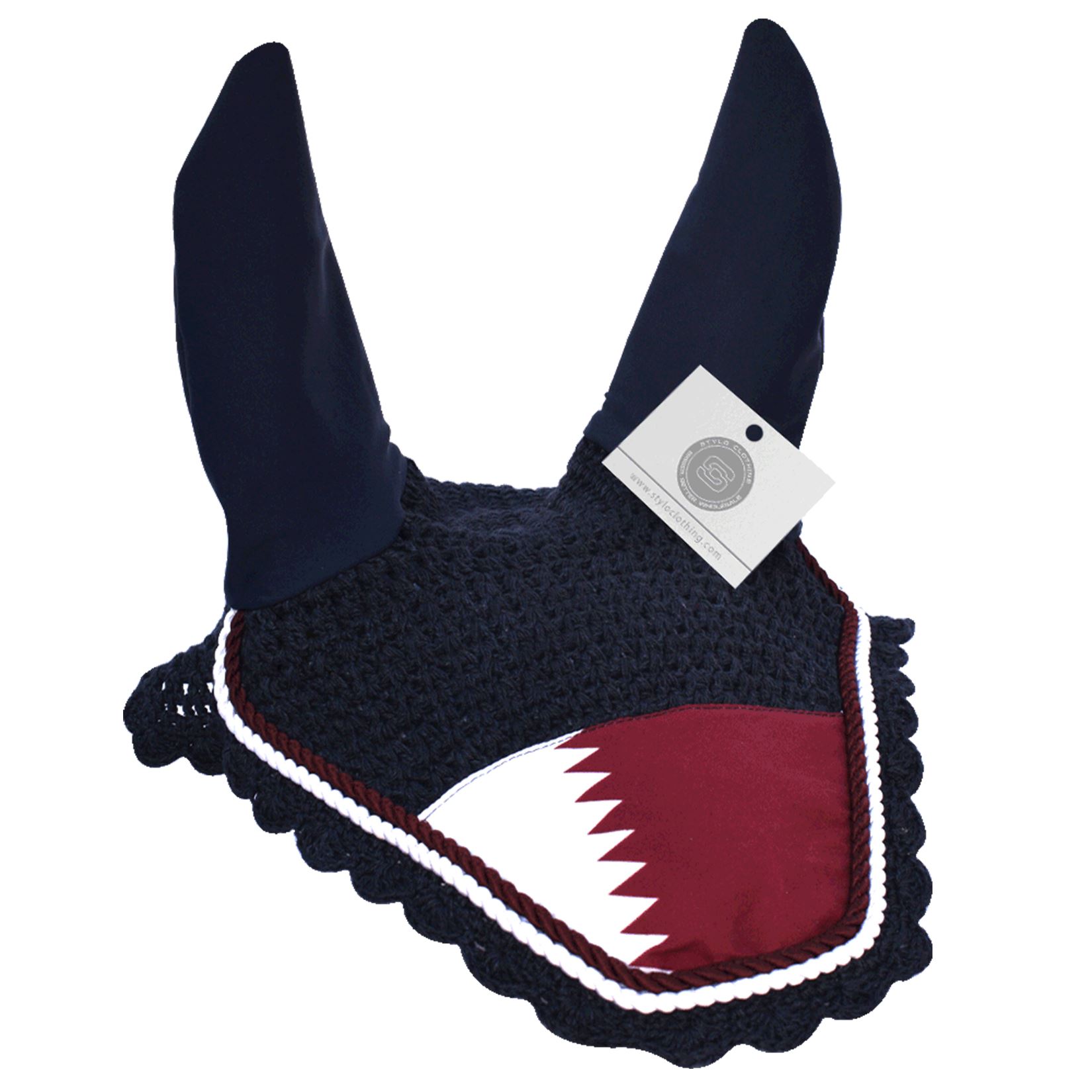 Qatar Country Flag Ear Bonnet | Horse Fly Veil Buy Online – Stylo Clothing Qatar flag ear bonnet for horses - fly protection and comfort by Stylo Clothing