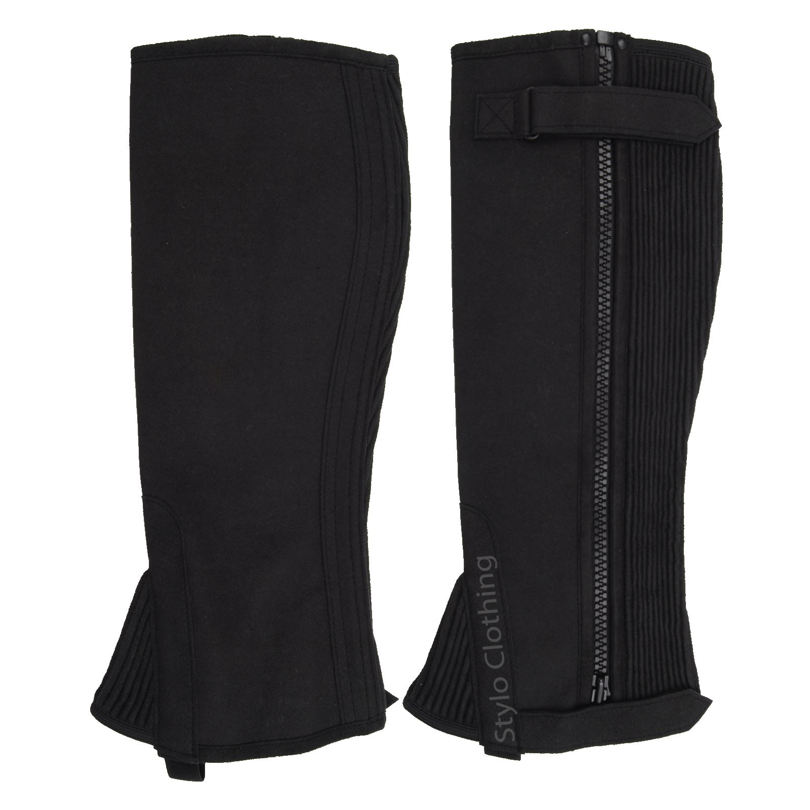 "Stylish and protective half chaps with zipper, crafted for equestrian comfort and safety, by Stylo Clothing"