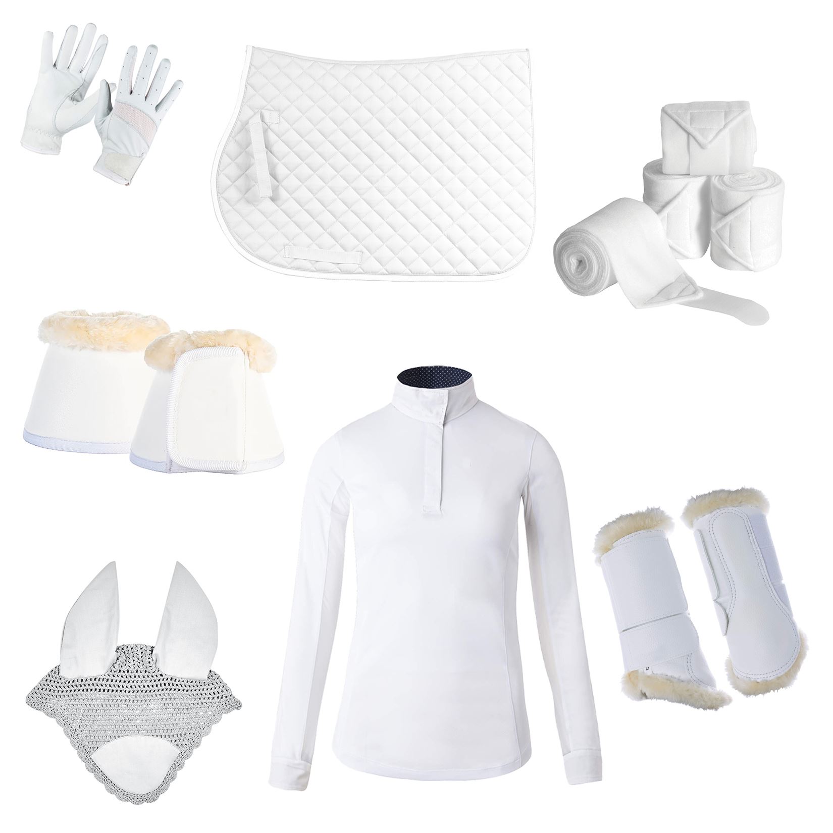 white-fine-quality-matching-set-of-saddle-pad,-bandage,-gloves,-boots,-and-full-sleeve-shirt-equestrian-horse-riding High-Quality White Color Horse Matching Sets in Wholesale, Custom Made with 7 Items
