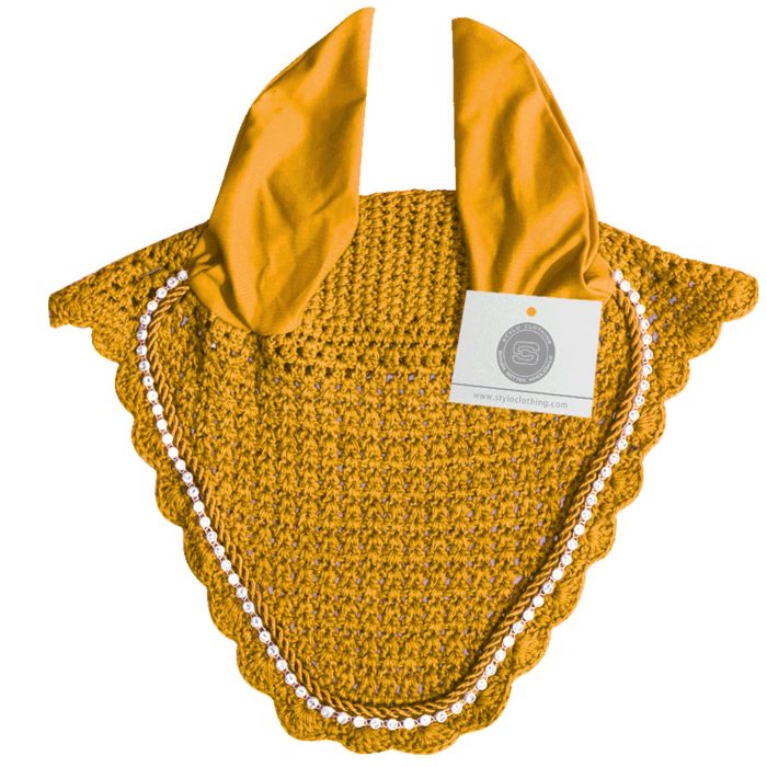 Mustard best ear bonnet providing stylish protection for horses