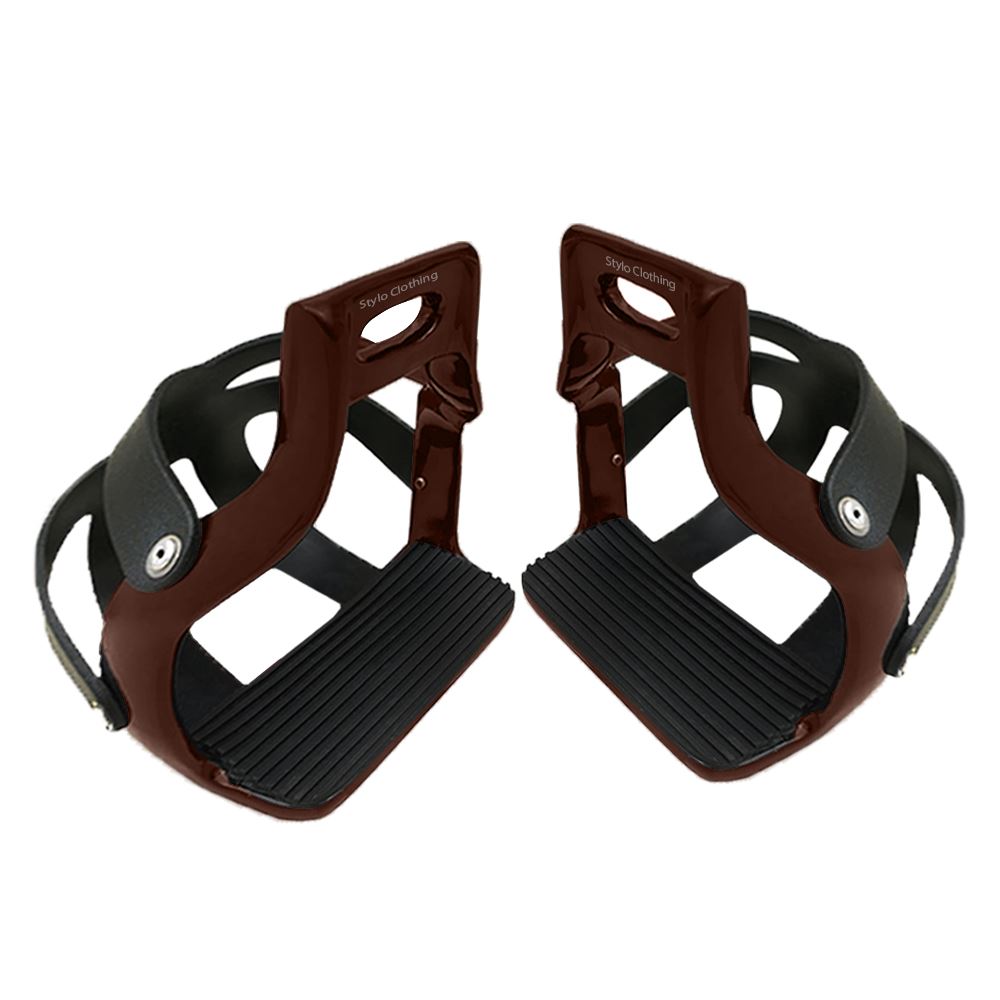 High-quality iron stirrups with safety cage, offering superior grip and protection, available in bulk